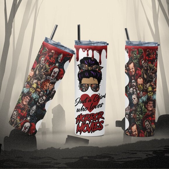Personalized Girl loves Horror Movies 20 Oz Stainless Steel Tumbler - Picture 1 of 2